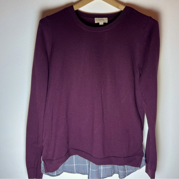 LOFT Maroon Crewneck Sweater with Plaid Shirt Tail Detail - Size Medium Cardigan - Picture 1 of 5